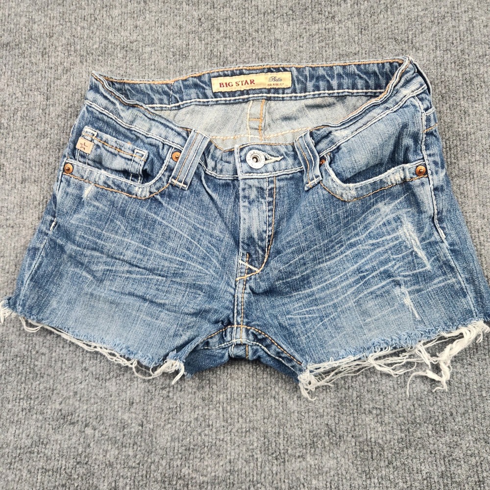 Big Star Bella Mid Rise Blue Denim Distressed Cut Off Shorts Womens Size 27